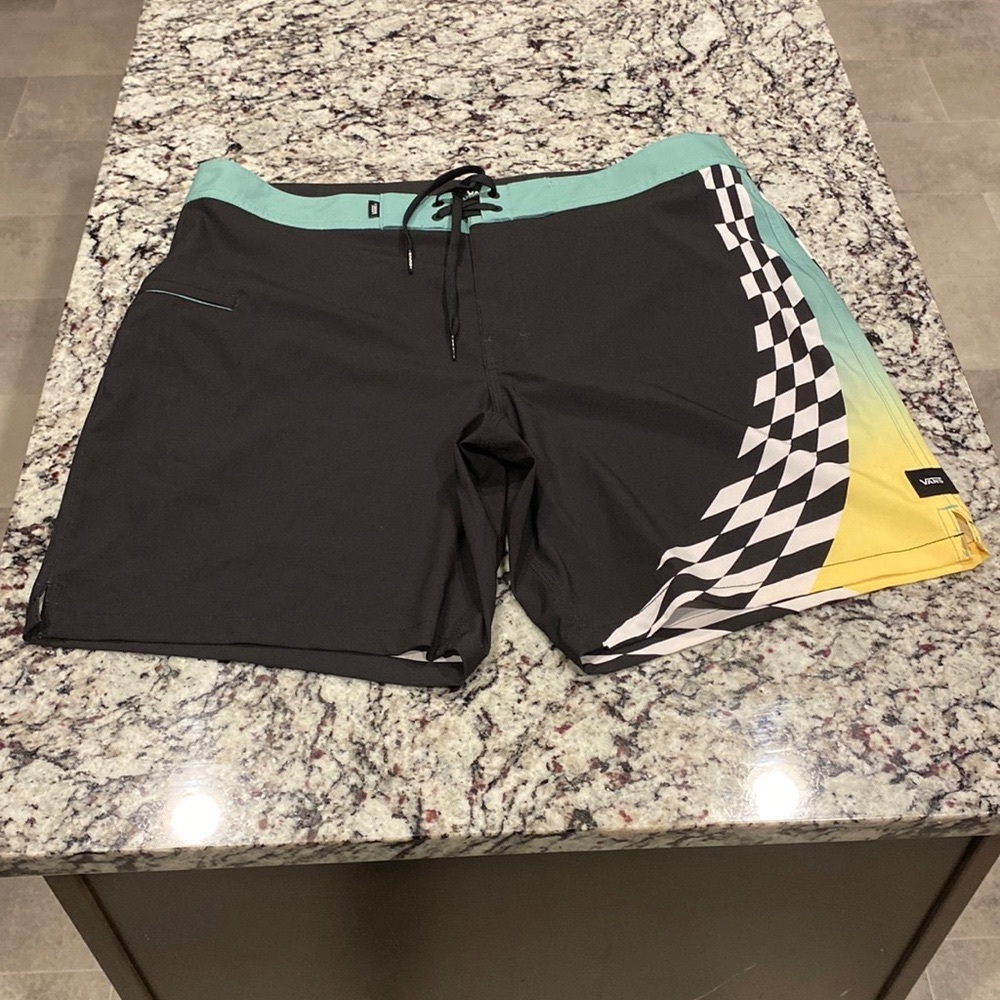 Vans Black Mint Yellow Checkerboard Athletic Board Shorts